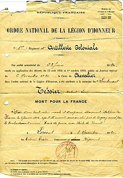 Notice of posthumous award of the Croix de Chevalier to Lieutenant Robert Léon Tessier—Mort pour la France ("Died for France") in World War I