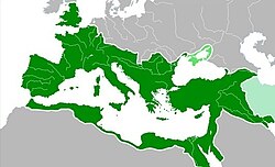 Map of the Roman empire in 116–117 AD showing the Trajan conquests in Dacia & Mesopotamia and his control with a "client state" of western Parthia (light green color)