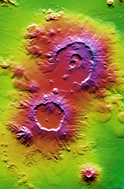 NASA False-colour topographical relief image of Nabro (top) and Mallahle volcanic calderas (centre left)