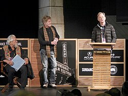 Redford (center) at the Sundance Film Festival in 2017