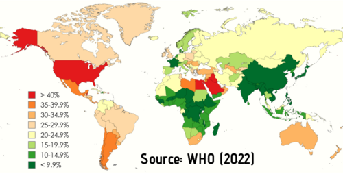 Share of adults with BMIs > 30 (2022)