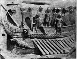 A Roman naval bireme depicted in a relief from the Temple of Fortuna Primigenia in Praeneste (Palastrina),[156] which was built c. 120 BC;[157] exhibited in the Pius-Clementine Museum (Museo Pio-Clementino) in the Vatican Museums.