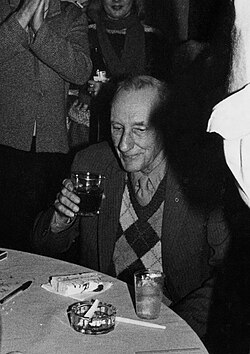 William S. Burroughs at his 70th birthday party in 1984. Burroughs, more than any other Beat Generation writer, was an important influence on the adolescent Gibson.