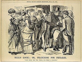 A Punch cartoon from 1867 mocking John Stuart Mill's attempt to replace the term 'man' with 'person', i.e. give women the right to vote. Caption: Mill's Logic: Or, Franchise for Females. "Pray clear the way, there, for these – a – persons."[108]