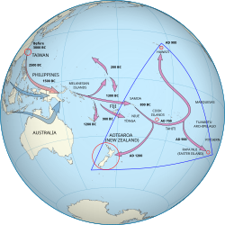 One set of arrows point from Taiwan to Melanesia to Fiji/Samoa and then to the Marquesas Islands. The population then spread, some going south to New Zealand and others going north to Hawai'i. A second set start in southern Asia and end in Melanesia.