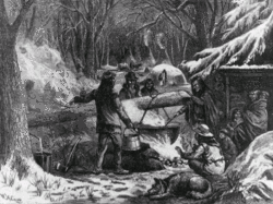 A 19th-century illustration, "Sugar-Making Among the Indians in the North". Aboriginal peoples living in the northeastern part of North America were the first people known to have produced maple syrup and maple sugar