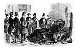 Brown has just been captured and is interrogated by Virginia Gov. Henry A. Wise and others, October 18, 1859.