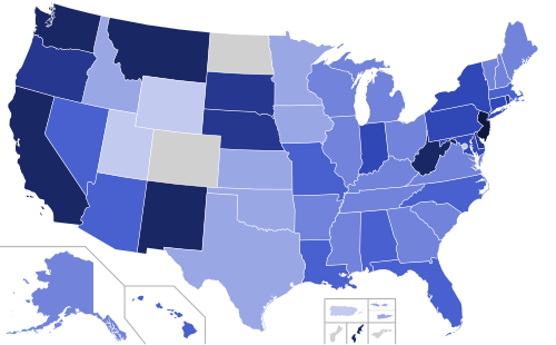 Percentage of vote received by Trump by state or territory. 0.0–19.9% 20.0–29.9% 30.0–39.9% 40.0–49.9% 50.0–59.9% 60.0–69.9% 70.0–79.9% 80.0%+