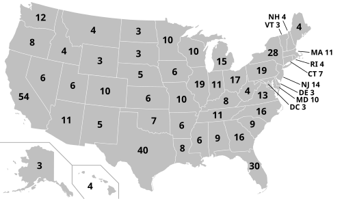 The number of electoral votes, out of 538, allocated to each state and Washington, D.C. for presidential elections held in 2024 and to be held in 2028 based on the 2020 census. Every jurisdiction is entitled to at least 3.
