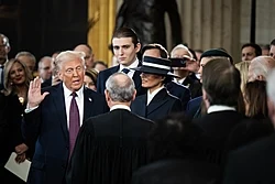 Taking the presidential oath of office, administered by Chief Justice John Roberts, on January 20, 2025