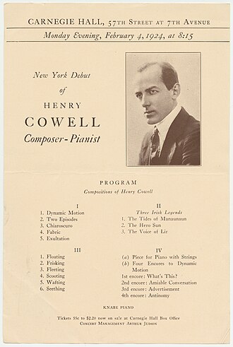 Promotional flier for Cowell's 1924 Carnegie Hall debut[n 3]