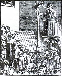 Hallowed be Thy Name by Lucas Cranach the Elder illustrates a Lutheran pastor preaching Christ crucified. During the Reformation and afterwards, many churches did not have pews, so people would stand or sit on the floor. The elderly might be given a chair or stool.