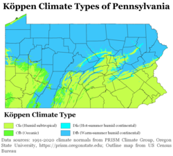 The Köppen climate types of Pennsylvania based on 1991–2020 climate normals