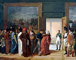 The Iranian envoy Mirza Mohammad-Reza Qazvini meeting with Napoleon at the Finckenstein Palace in West Prussia, 27 April 1807, to sign the Treaty of Finckenstein.
