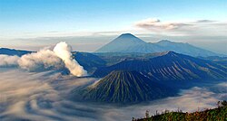 Mount Semeru and Mount Bromo in East Java. Indonesia lies within one of the most tectonically active regions on Earth.[88]