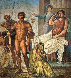 Punishment of Ixion: in the center stands Mercury holding the caduceus, and on the right Juno sits on her throne. Behind her Iris stands and gestures. On the left Vulcan (the blond figure) stands behind the wheel, manning it, with Ixion already tied to it. Nephele sits at Mercury's feet. – Roman fresco from the eastern wall of the triclinium in the House of the Vettii, Pompeii, Fourth Style (60–79 AD).