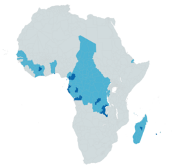 Official status of French in Africa as of 2025[update]: Countries in which it is an official de jure language Regions in which is spoken as a native language