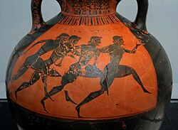 Greek vase with runners at the panathenaic games, c. 530 BC. In Plato's [fictional] dialogue, Parmenides and Zeno debate a young Socrates during these games c. 450 BC.