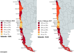 Map of distribution of Native Chileans according to censuses of 2024 and 2017