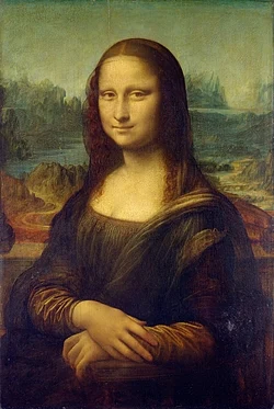 Mona Lisa; by Leonardo da Vinci, c. 1503–1506, perhaps continuing until c. 1517; oil on poplar panel; 77 cm × 53 cm