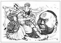 The White Australia policy arose from the growth of anti-Asian (particularly Chinese) sentiments that peaked in the late 19th and early 20th centuries. Pictured: The Melbourne Punch (c. May 1888)