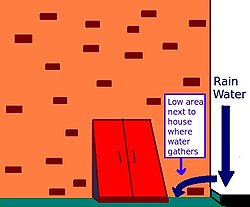 Water can seep into a basement from elevated places nearby, such as a raised driveway. Solutions include re-mortaring bricks, putting silicone in cracks, elevating areas next to exterior walls, and sloping gutters so water flows away from the house.