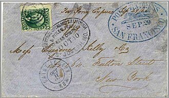 Mail from St. Joseph with a St. Joseph Pony Express postmark along with a city of destination postmark, San Francisco: The envelope also has an issue of 1855, Washington 10-cent postage affixed to it.[46]