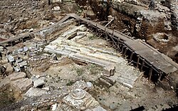 Ruins of the western end of the Stoa Poikile, seen from the southwest.