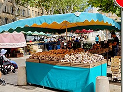 Crates filled with fresh garlic bulbs under a canopy at an outdoor market in France