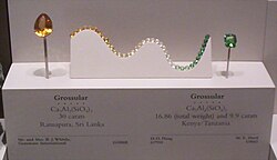 Grossular garnets on display at the U.S. National Museum of Natural History. The green gem at right is a type of grossular known as tsavorite.