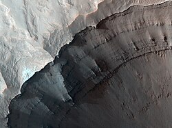 Rim of Ganges chasma, closeup showing stratigraphy and small landslides.