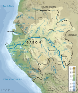 The catchment area of the Ogooué River occupies most of Gabon. Lambaréné is marked centre left.
