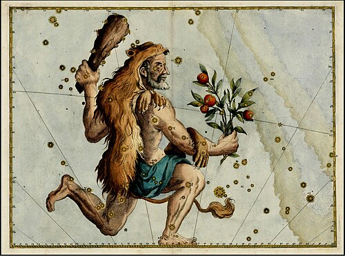 17th-century celestial engraving of the Hercules Constellation by Johann Bayer from his 1603 star atlas, Uranometria