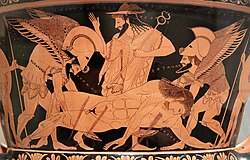 Eta in the function of /h/ on an Attic red-figured calyx-krater, 515 BC. Amongst the depicted figures are Hermes and Hypnos. Inscriptions: ΗΕΡΜΕΣ – ΗΥΠΝΟΣ.