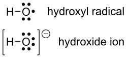 Lewis dot structure of a hydroxide ion compared to a hydroxyl radical