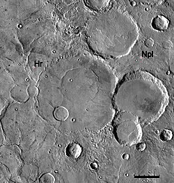 Geologic contact of Noachian and Hesperian Systems. Hesperian ridged plains (Hr) embay and overlie older Noachian cratered plateau materials (Npl). The ridged plains partially bury many of the old Noachian-aged craters. Image is THEMIS IR mosaic, based on similar Viking photo shown in Tanaka et al. (1992), Fig. 1a, p. 352.
