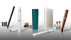Various heated tobacco products alongside their heating and/or charging elements