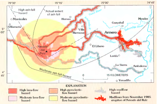 Hazard map for Nevado del Ruiz, with 1985 lahars shown in red