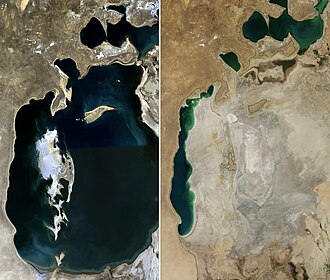 Image of the Aral Sea in 1989 (left) and 2014. The Aral Sea is an example of a collapsed ecosystem.[1] (image source: NASA)