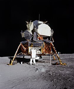 "Buzz" Aldrin facing away from Camera, with the Apollo 11 Lunar Lander