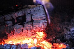Firewood combusting into ash and coal in a wood-burning stove, 2025