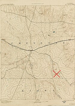Approximate location of the 1864 Sand Creek Massacre marked on the 1890 USGS Kit Carson quadrangle topographical map; the Kit Carson station of the Kansas Pacific Railroad (later Union Pacific) opened in 1870[87]