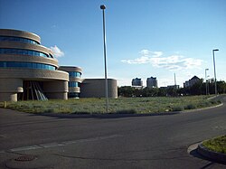 First Nations University on the left with Campion College, Wakpá Tower (South) and Paskwāw Tower (North) Residences, Library and Language Institute and Administrative Humanities Building