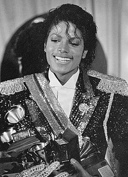 Jackson at the 26th Grammy Awards, where he won eight awards, breaking the record for the most wins in a single night