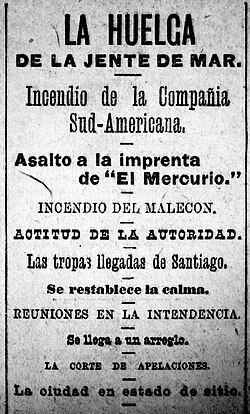 Headlines of El Mercurio de Valparaíso on 14 May 1903; in English, it reads: The Strike of the Seafarers. Fire of the South American Company. Assault on the printing press of El Mercurio. Fire of the Malecon. Attitude of the Authority. The troops arrived from Santiago. The calm is restored. Meetings in the Municipality. It reaches an Arrangement. The Court of Appeals. The city in State of Siege. El Mercurio, 1903