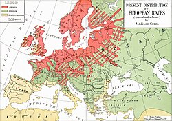 Madison Grant's map, from 1916, charting the "present distribution of European races", with the Nordics in red, the Alpines in green, and the Mediterraneans in yellow