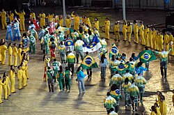 Athletes gather in the stadium during the closing ceremony of the 2007 Pan American Games.