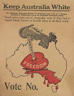 A 1917 anti-conscription propaganda leaflet imploring voters to "keep Australia white". A horde of Asians bearing a dragon flag is shown to the north.