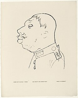 Caricature drawing of a man in military uniform with exaggerated facial features, labeled with the text "HONNI SOIT QUI MAL Y PENSE," "DEN MACHT UNS KEINER NACH," and "MADE IN GERMANY"