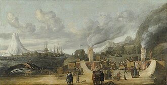 The whaling station of the Amsterdam chamber of the Northern Company in Smeerenburg, by Cornelis de Man (1639), but based on a painting of a Dansk hvalfangststation (Danish whaling station) by A.B.R. Speeck (1634), which represented the Danish station in Copenhagen Bay (Kobbefjorden)
